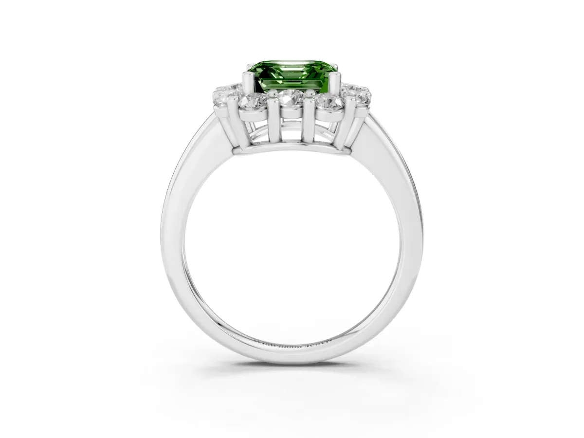 Fancy Green Asscher Cut Halo Cluster Diamond Engagement Ring with Prong Setting and Polished Band Platinum