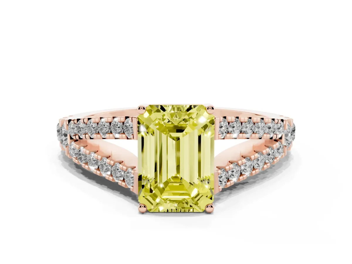 Fancy Yellow Emerald Cut Diamond Split Shank Engagement Ring with Round Pavé and Prong Setting Rose gold