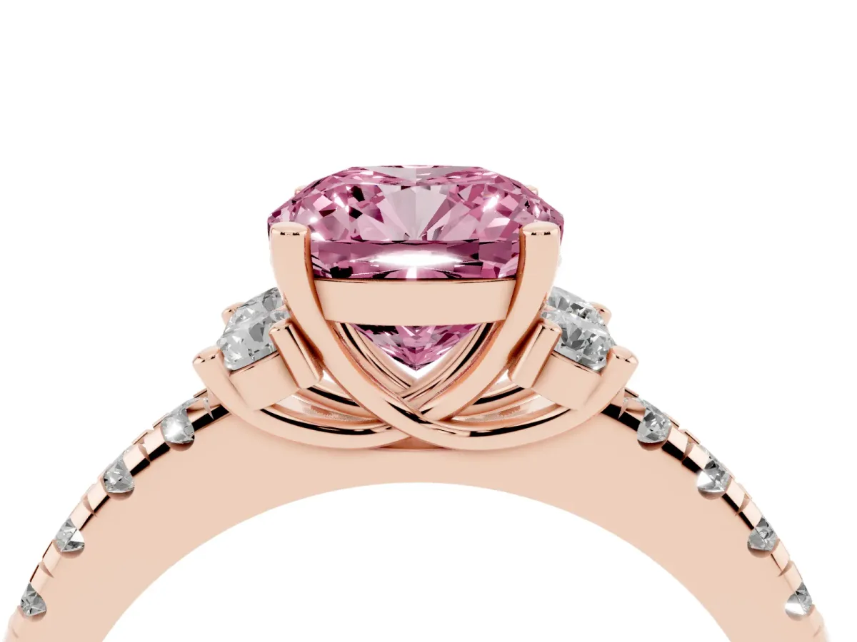 Fancy Pink Cushion Cut Diamond Three-Stone Pave Band with Four-Prong Setting Rose gold