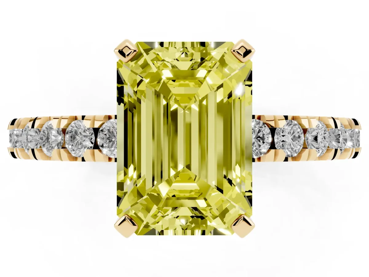 Fancy Yellow Emerald Cut Diamond Pavé Band Solitaire with Four-Prong Setting Yellow gold