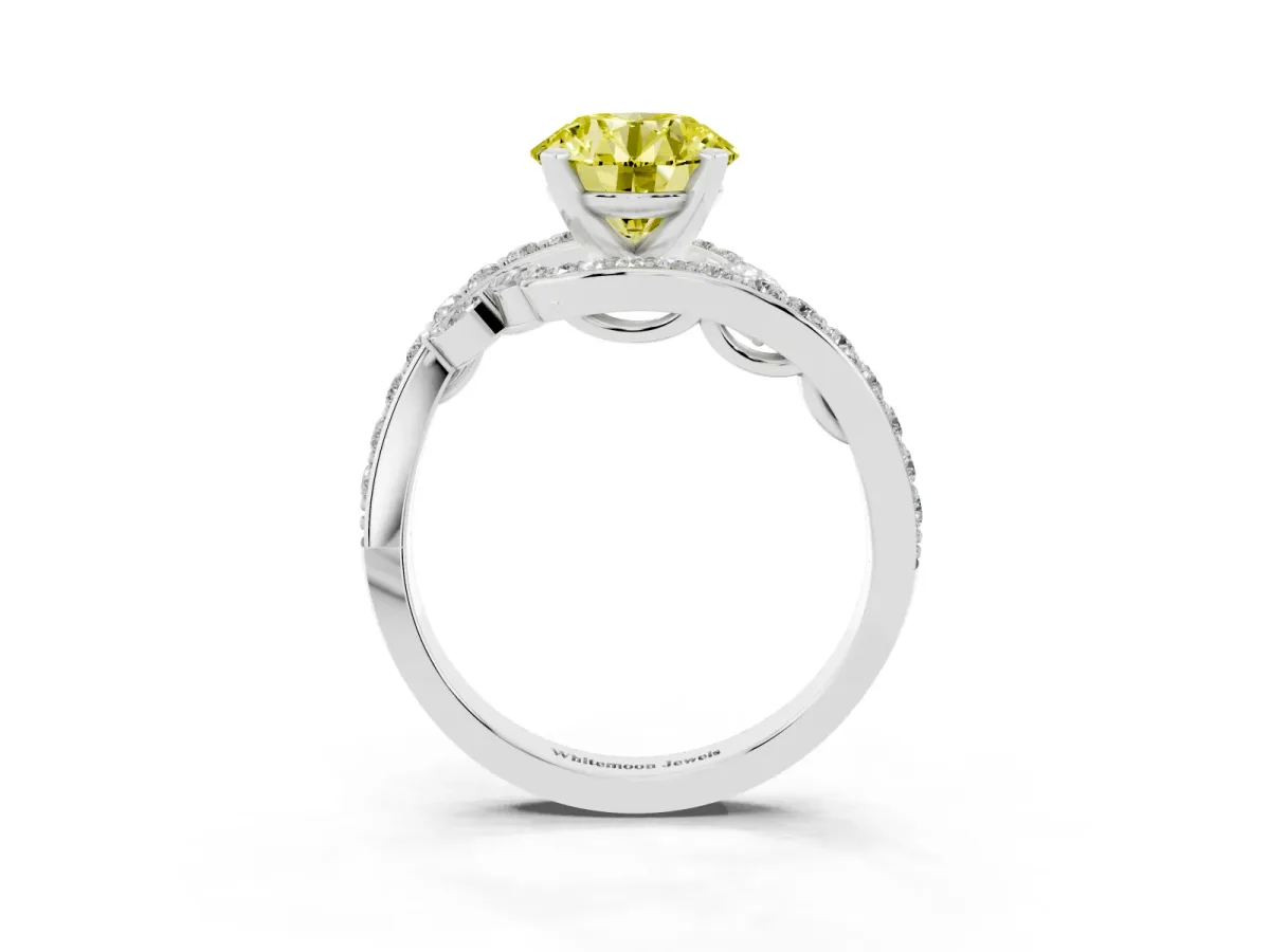 Fancy Yellow Round Cut Solitaire with Pavé Twist Band and Four-Prong Setting Silver