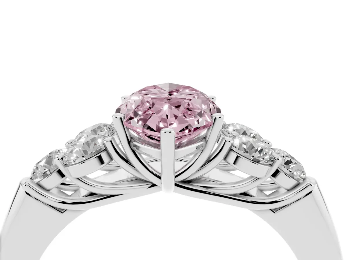 Fancy Pink Marquise Cut Cut Diamond Cluster Ring with Round Accent Stones and Prong Setting on a Classic Band Platinum