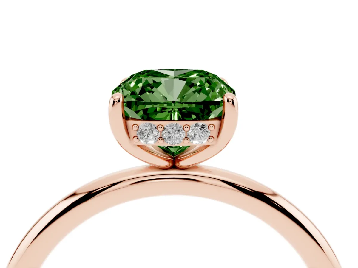 Fancy Green Cushion Cut Solitaire Diamond Ring with a Classic Band and Four-Prong Setting Rose gold