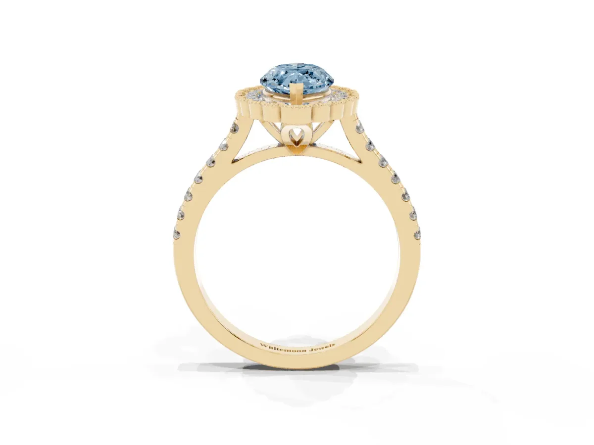 Fancy Blue Marquise Cut Cut Diamond Milgrain Floral Halo Engagement Ring with Pavé Band Yellow gold