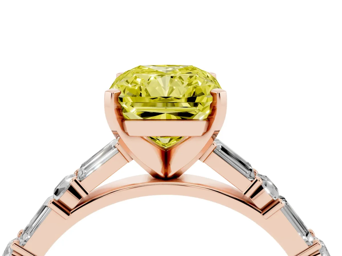 Fancy Yellow Radiant Cut Diamond Solitaire with Side Baguettes and Channel Set Band Rose gold