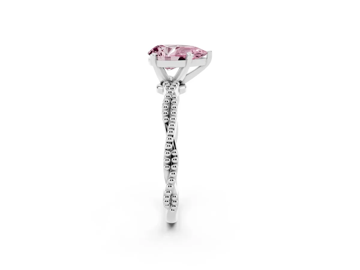 Fancy Pink Pear Cut Solitaire Twisted Band with Bead Prong Setting White gold