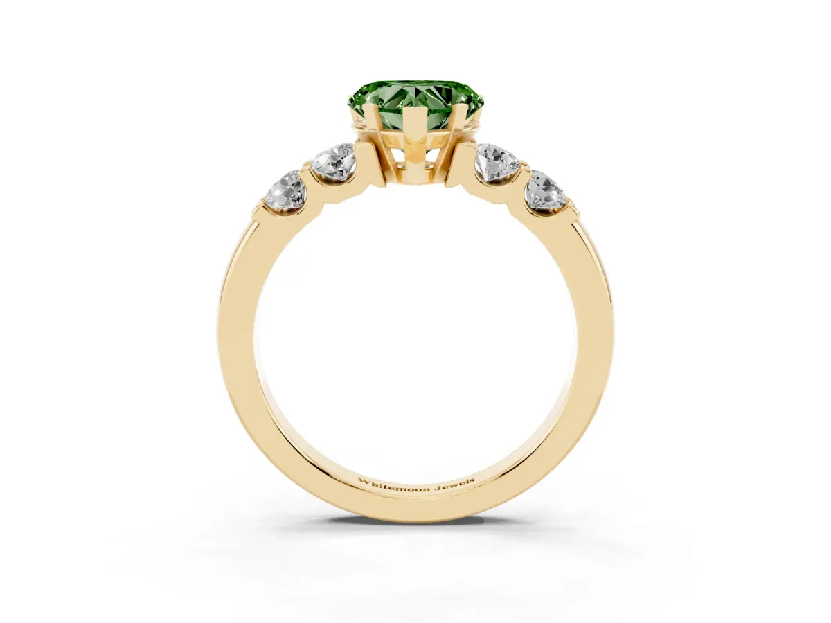 Fancy Green Heart Cut Brilliant Cut Diamond Five-Stone Prong Set Engagement Ring with Channel Band Yellow gold