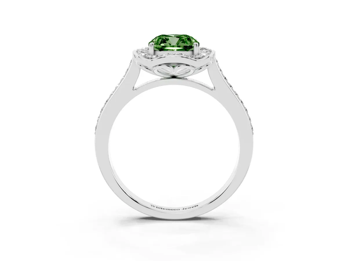Fancy Green Cushion Cut Halo Round Diamond Pave Band with Four-Prong Setting Platinum