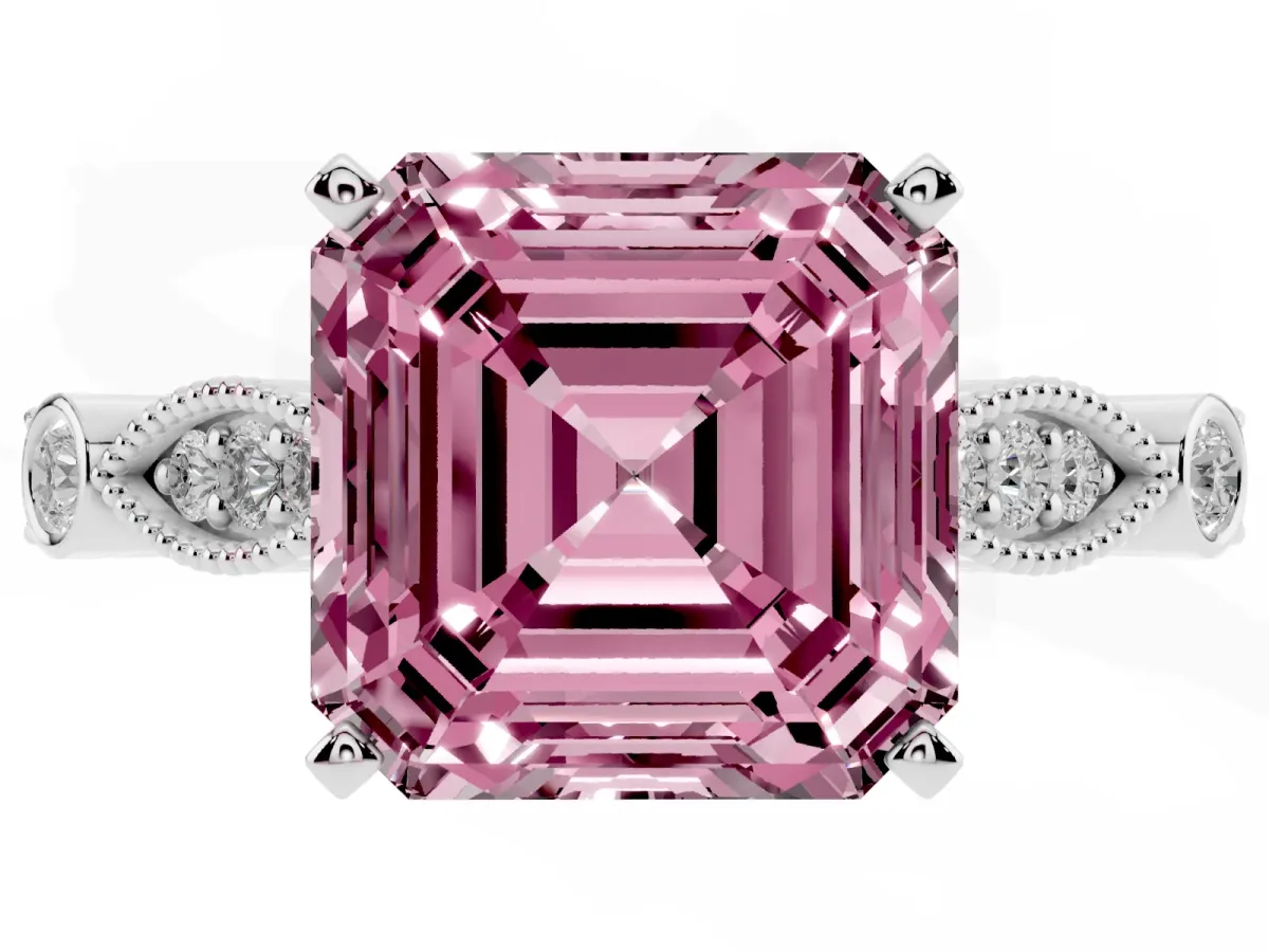 Fancy Pink Asscher Cut Cut Diamond with Milgrain Marquise and Bezel Accents on a Solitaire Band with Prong Setting Platinum