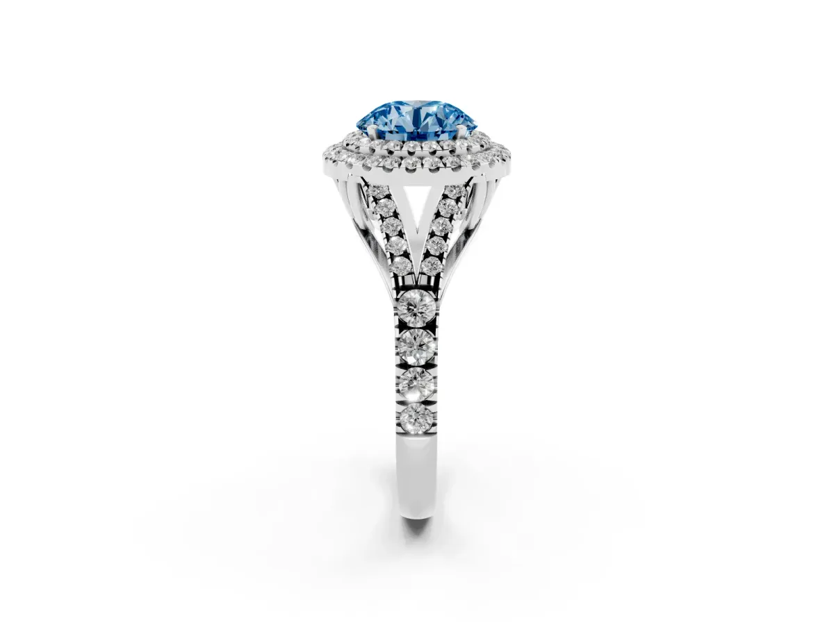 Fancy Blue Round Cut Diamond Double Halo Ring with Split Shank and Prong Setting White gold