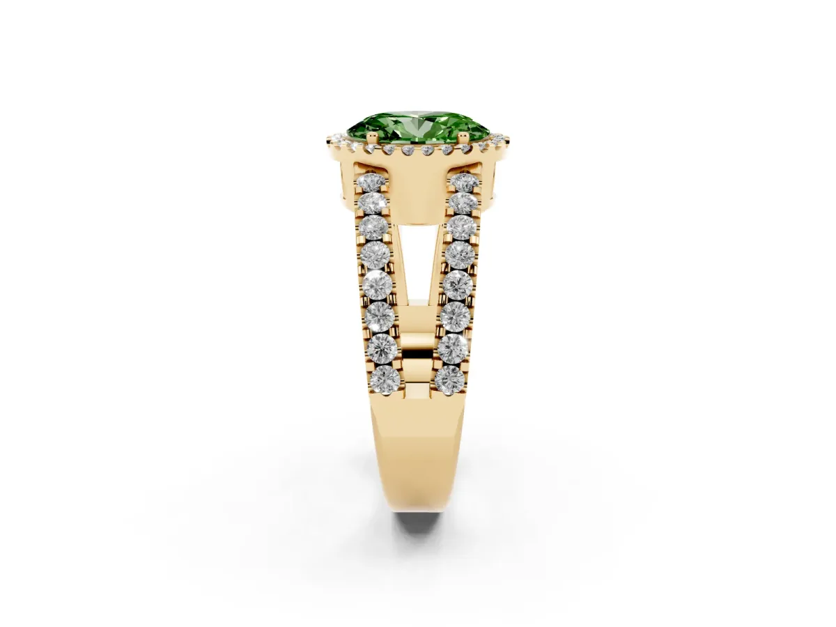 Fancy Green Oval Cut Cut Halo Split Shank Diamond Ring with Four-Prong Setting Yellow gold