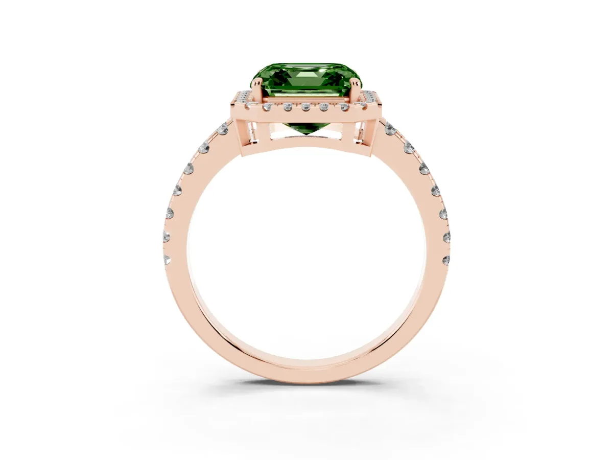 Fancy Green Asscher Cut Diamond Halo Ring with Pavé Band and Four-Prong Setting Rose gold
