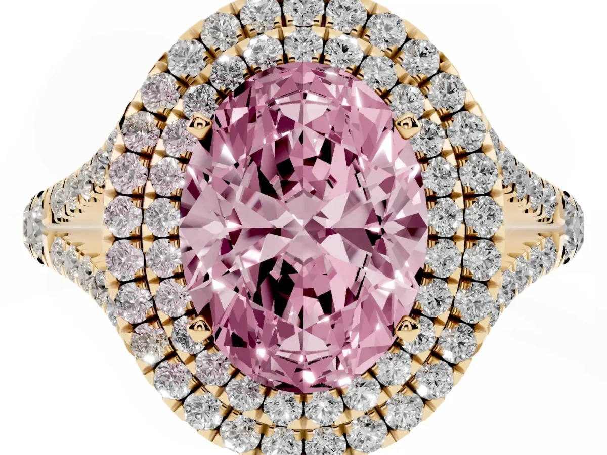 Fancy Pink Oval Cut Cut Double Halo Split Shank Diamond Ring with Prong Setting Yellow gold