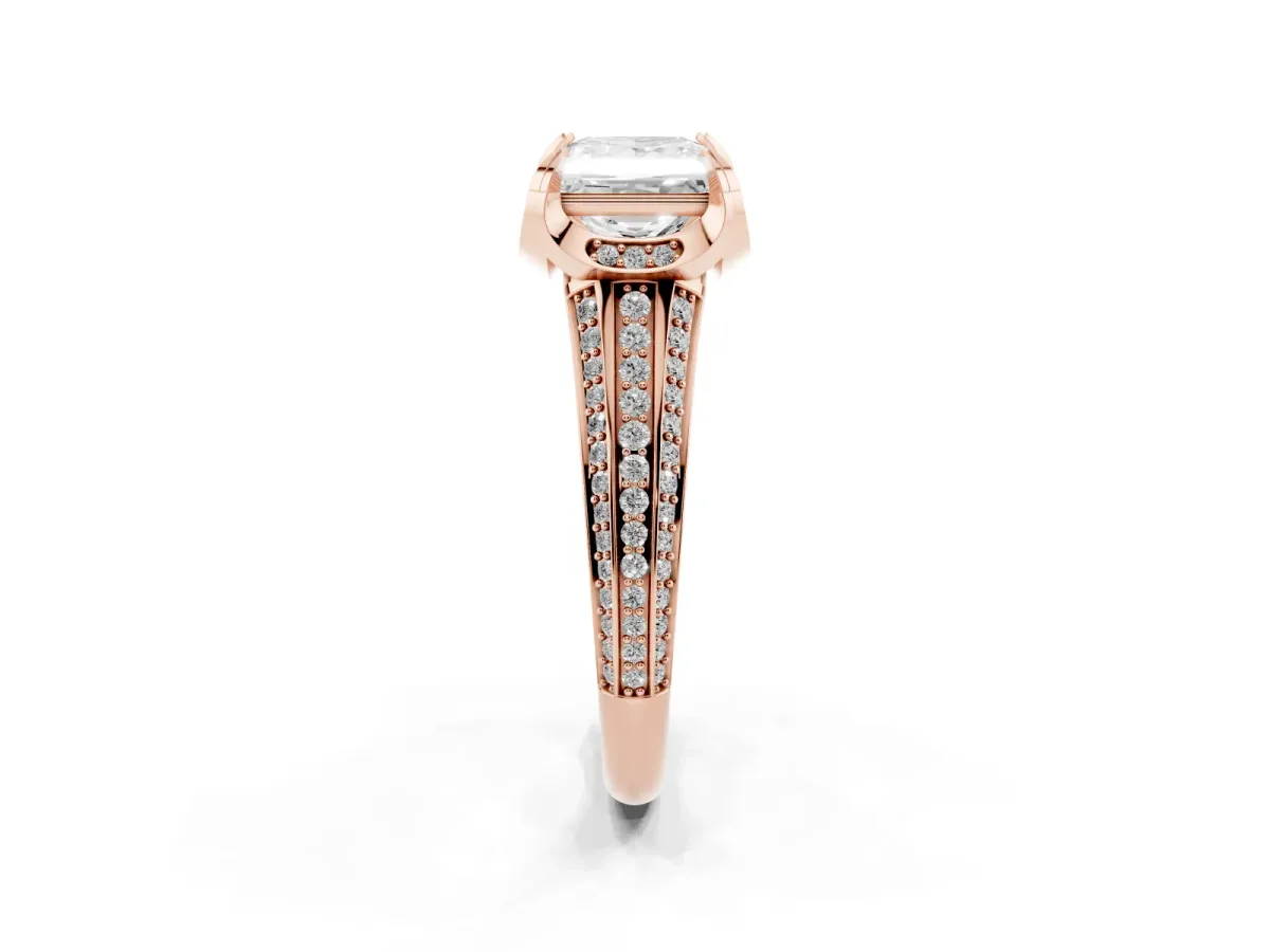 Princess Cut Solitaire Pave Split Shank Ring with Four-Prong Setting Rose gold