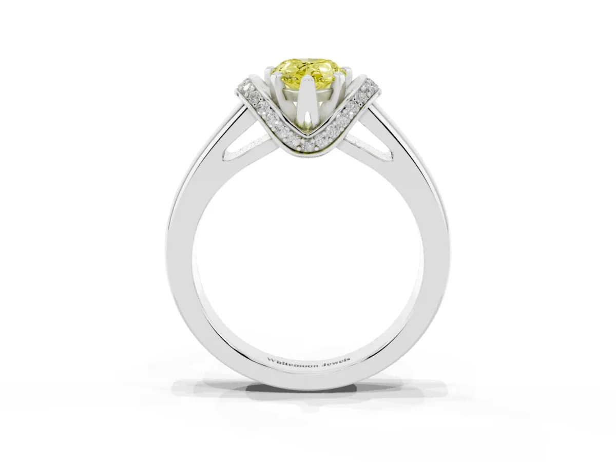 Fancy Yellow Pear Cut Solitaire Diamond Ring with Pave Band and Six-Prong Setting Silver