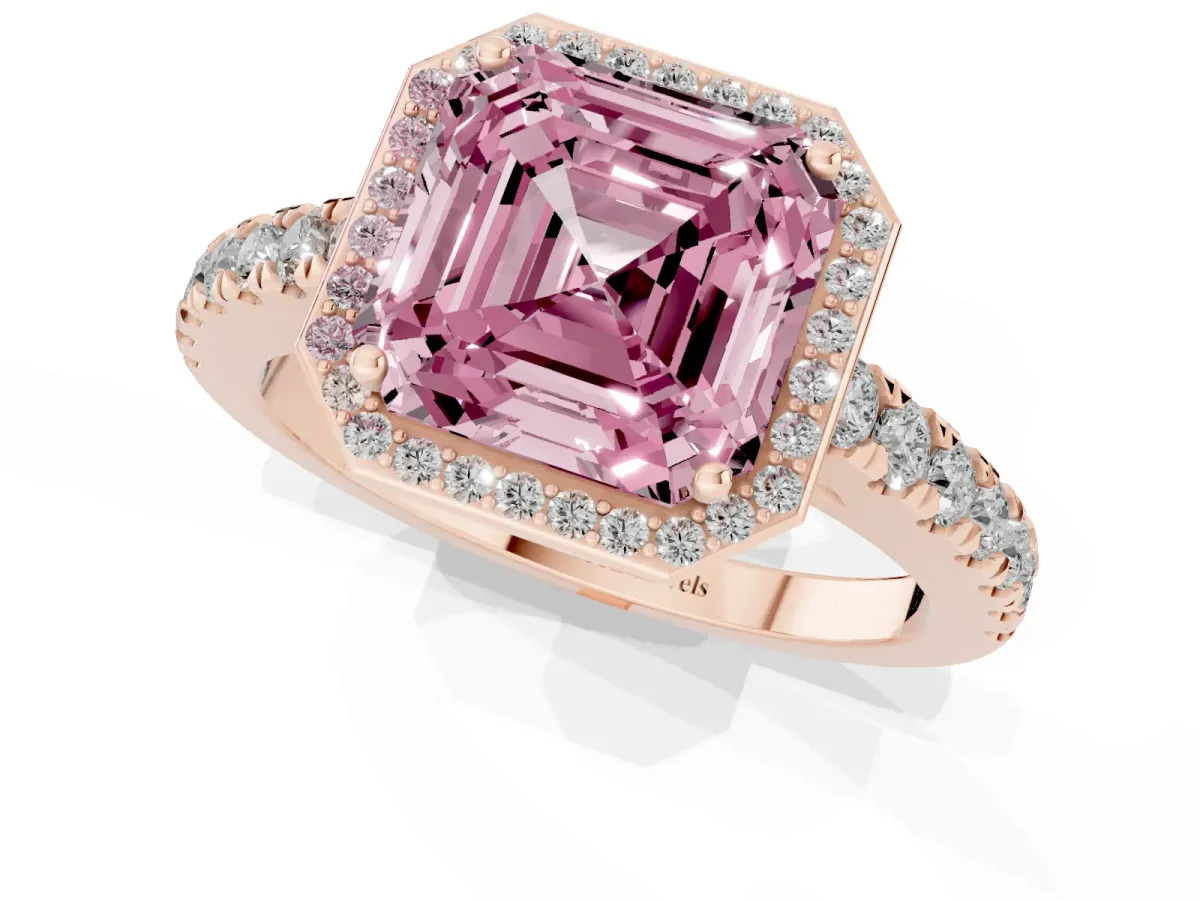Fancy Pink Asscher Cut Cut Halo Diamond Engagement Ring with Pave Band and Four-Prong Setting Rose gold
