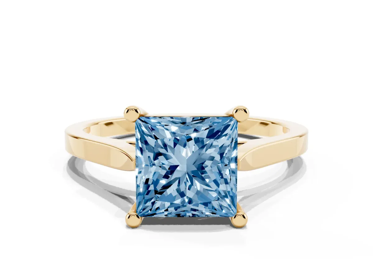 Fancy Blue Princess Cut Solitaire Diamond Ring with Four-Prong Setting and Tapered Band Yellow gold