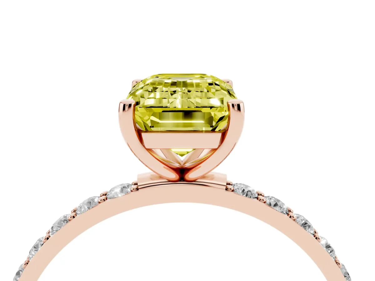 Fancy Yellow Emerald Cut Diamond Solitaire Ring with Round Pavé Shoulders and Prong Setting Rose gold