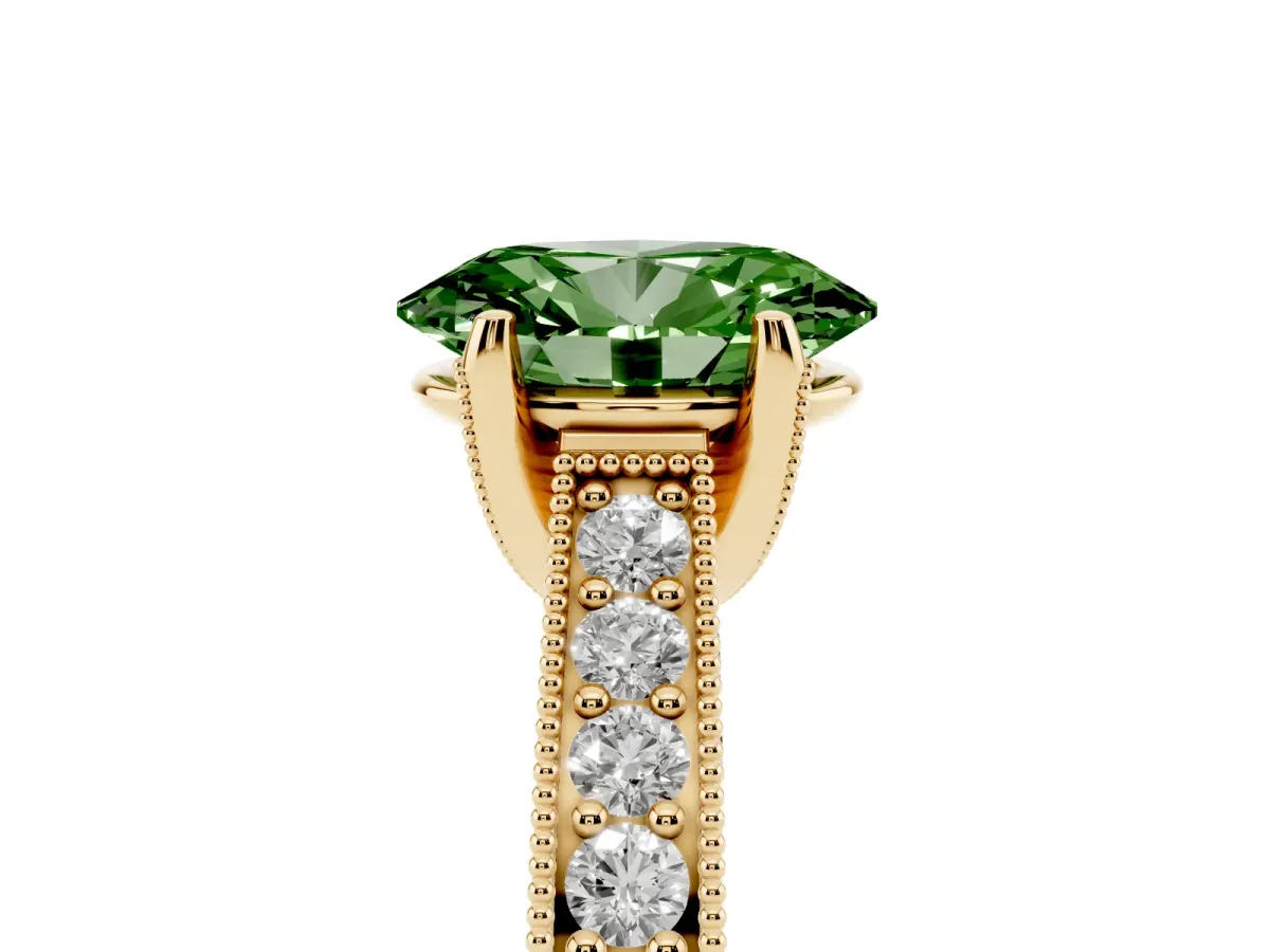 Fancy Green Oval Cut Cut Diamond Solitaire Ring with Milgrain Pave Band and Four Prong Setting Yellow gold