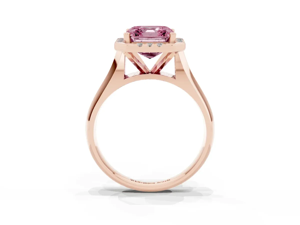 Fancy Pink Asscher Cut Cut Halo Solitaire Engagement Ring with Square Band and Four-Prong Setting Rose gold