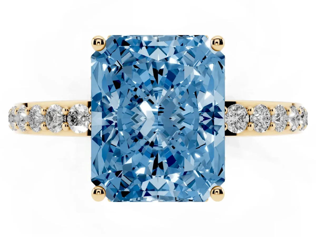 Fancy Blue Radiant Cut Diamond Solitaire Ring with Pavé Band and Hidden Halo Yellow gold