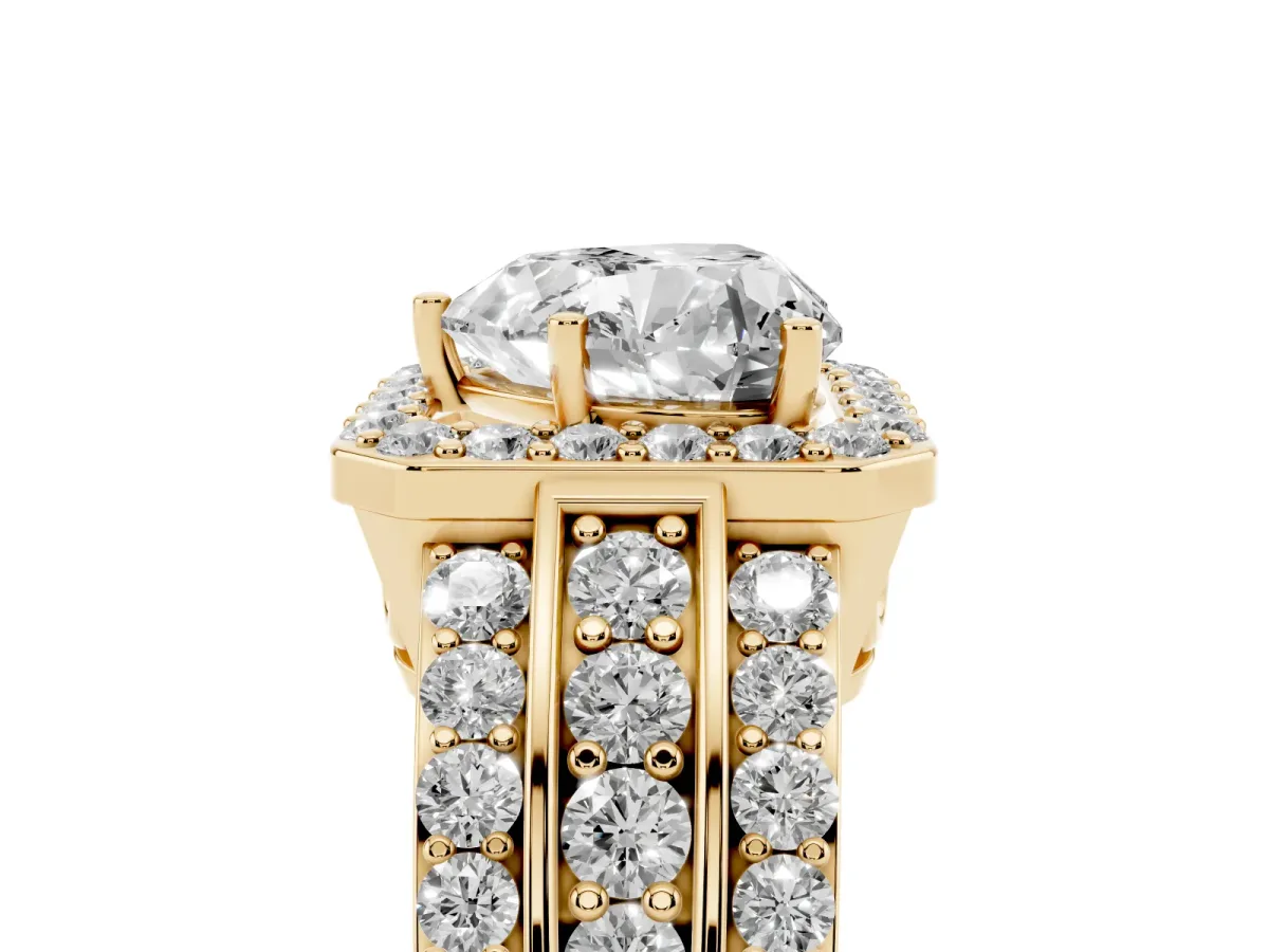 Heart Cut Halo Diamond Ring with Round Split Shank and Prong Setting Yellow gold