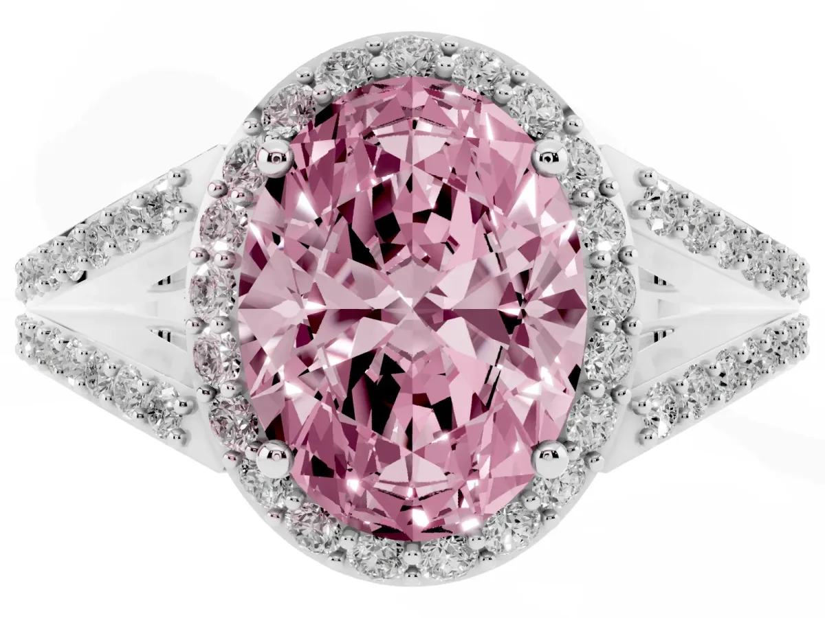 Fancy Pink Oval Cut Halo Split Shank Pave Diamond Ring with Four-Prong Setting White gold