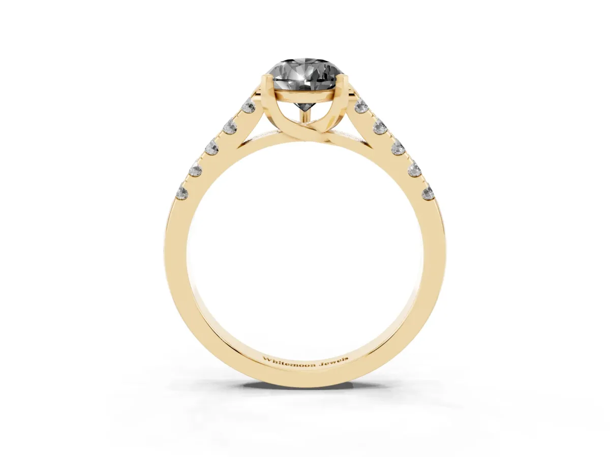 Fancy Black Pear Cut Diamond Pavé Band Solitaire Ring with Prong Setting Yellow gold