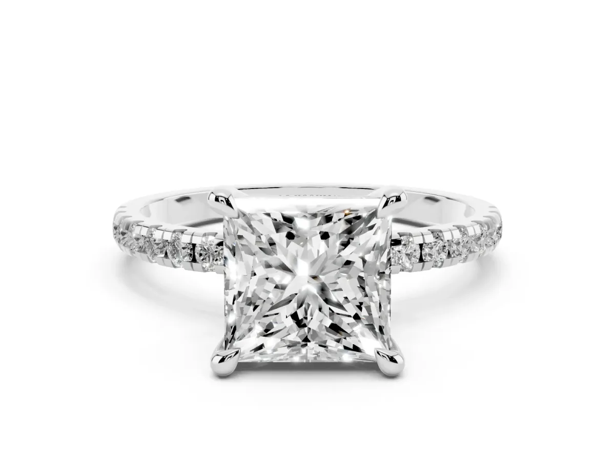 Princess Cut Diamond Brilliant Solitaire Ring with Pavé Band and Four-Prong Setting Silver