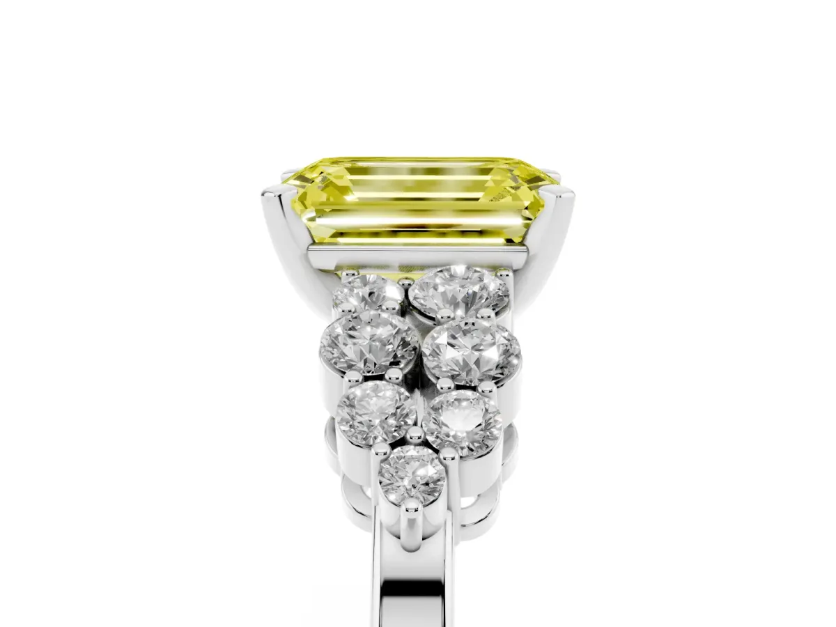 Fancy Yellow Emerald Cut Cluster Diamond Engagement Ring with Pavé Band and Four-Prong Setting Platinum