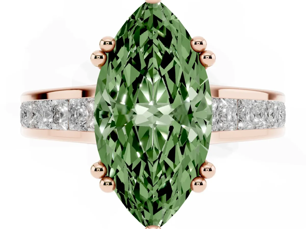 Fancy Green Marquise Cut Cut Channel Set Solitaire Engagement Ring with Prong Setting Rose gold