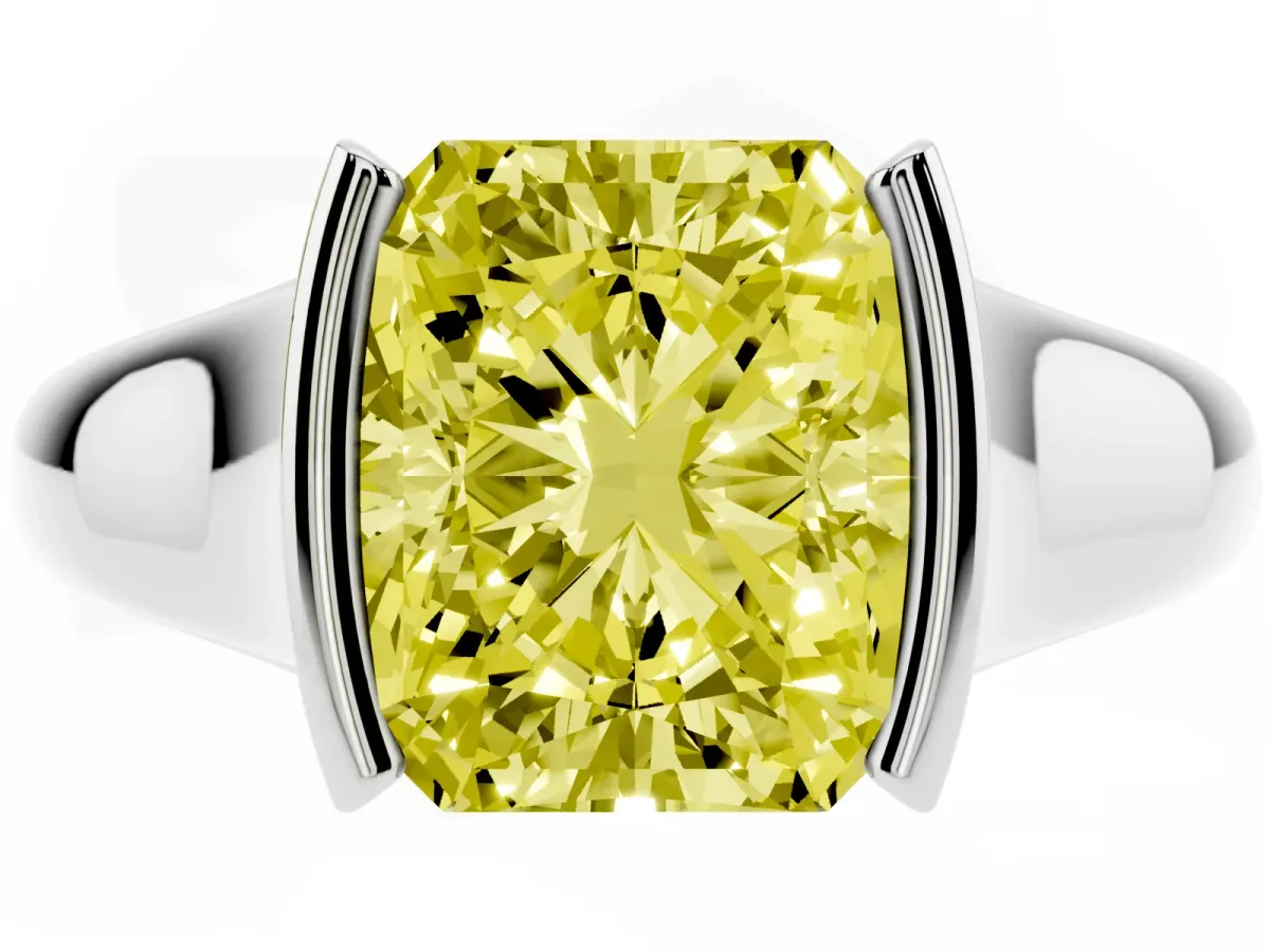 Fancy Yellow Radiant Cut Solitaire Tension Set Diamond Ring with Split Shank Band Silver