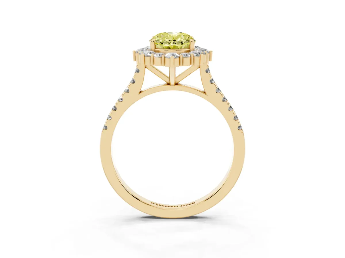 Fancy Yellow Oval Cut Halo Diamond Ring with Pavé Band and Prong Setting Yellow gold