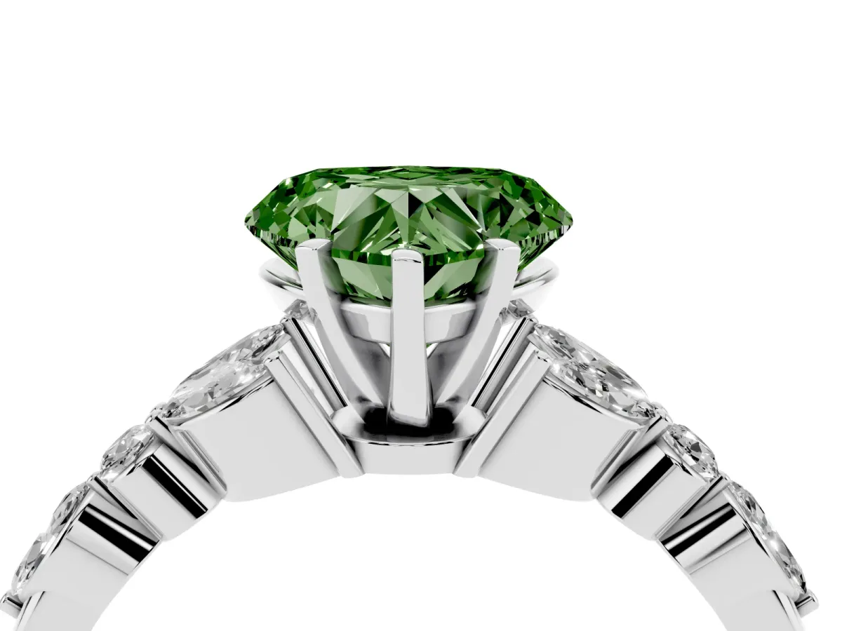 Fancy Green Heart Cut Diamond Solitaire Ring with Side Stones and Four-Prong Setting Silver