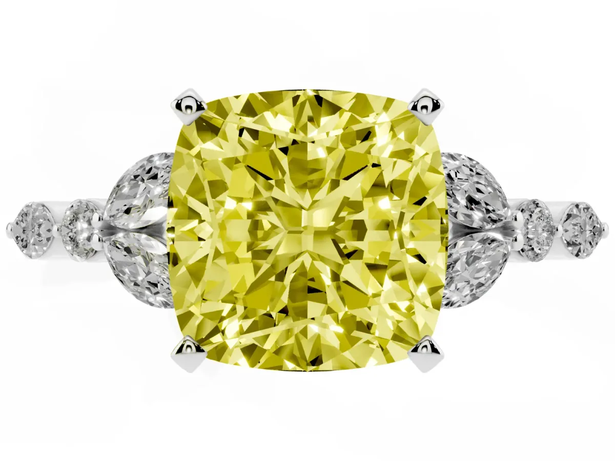 Fancy Yellow Cushion Cut Diamond Solitaire Ring with Side Stones and Four-Prong Setting Silver