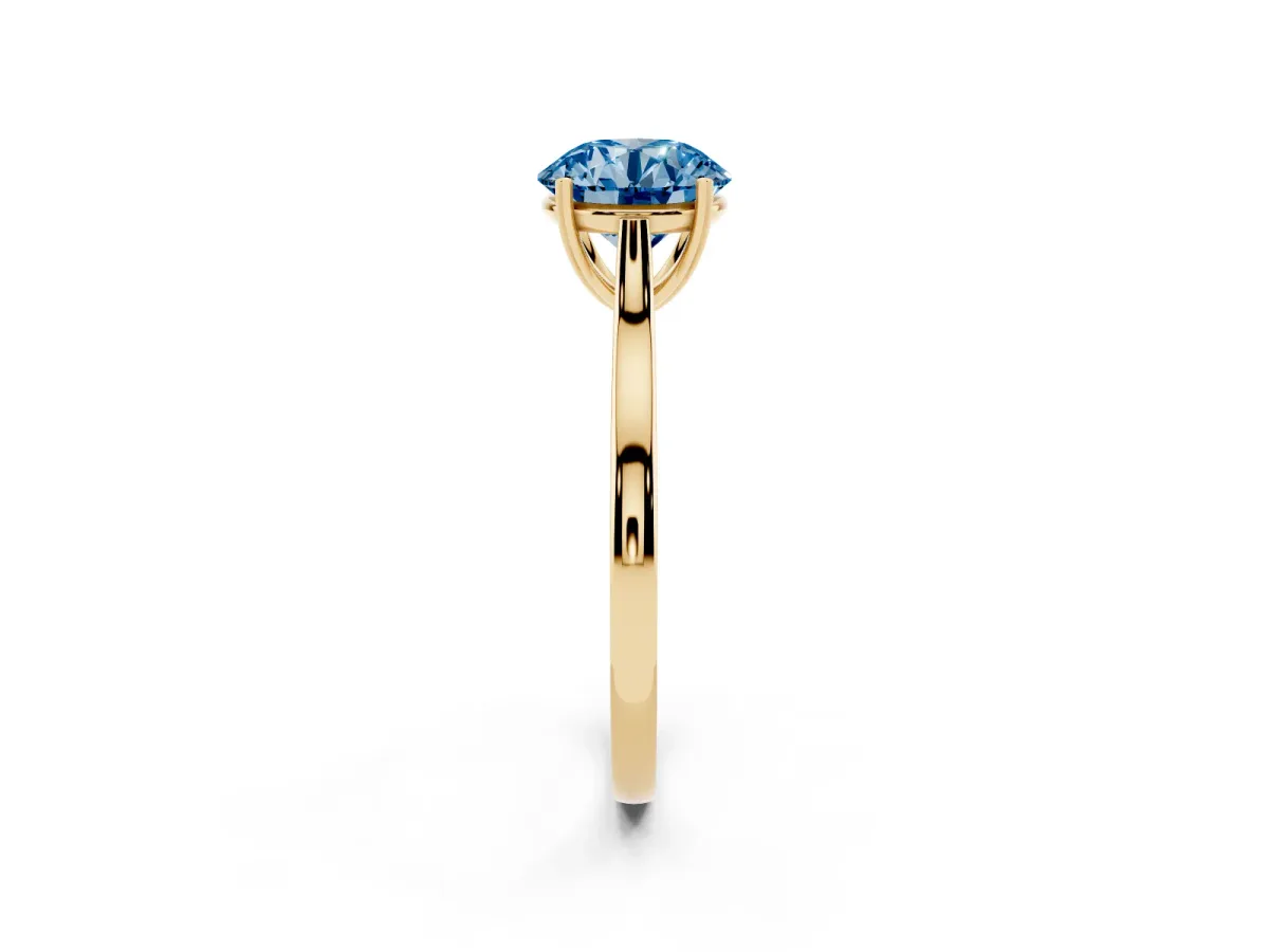 Fancy Blue Round Cut Solitaire Heart Prong Engagement Ring with Tapered Band Yellow gold