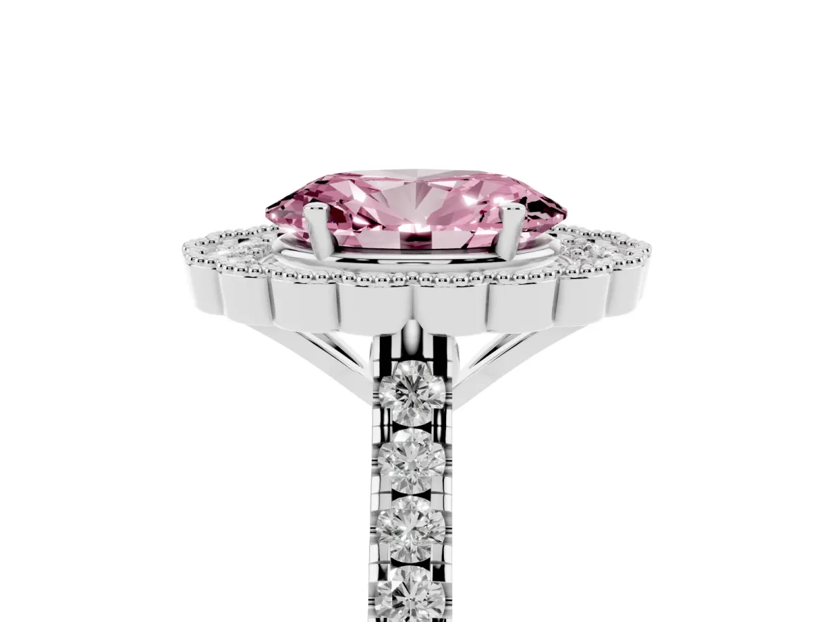 Fancy Pink Oval Cut Cut Diamond Milgrain Floral Halo Engagement Ring with Pavé Band Silver