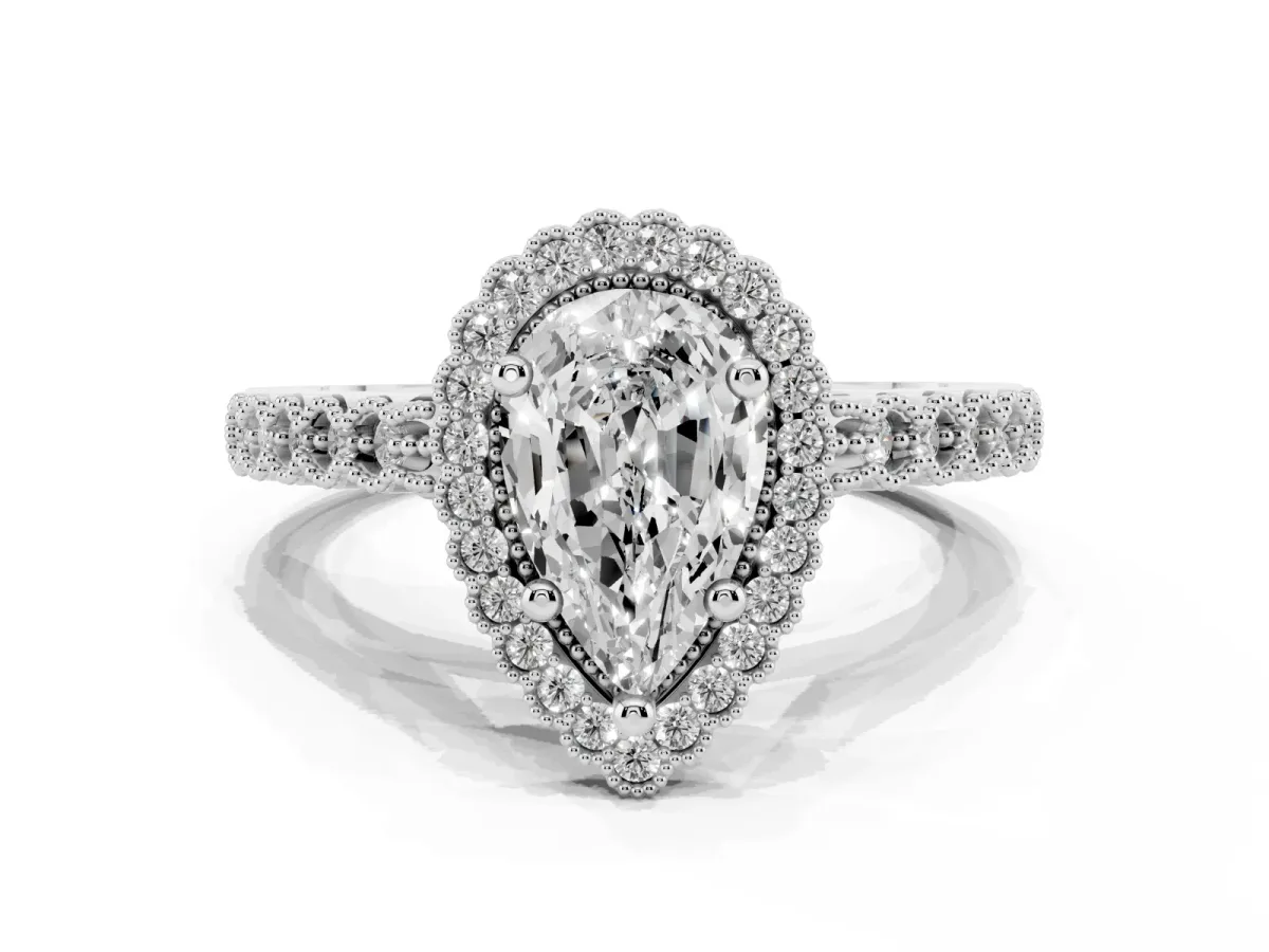 Pear Cut Cut Halo Pavé Solitaire Ring with Milgrain Band White gold