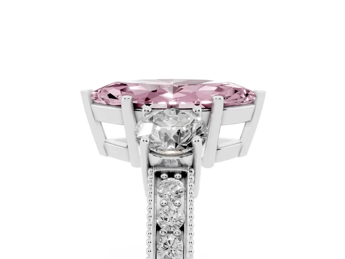 Fancy Pink Marquise Cut Three-Stone Diamond Ring with Pavé Band and Four-Prong Setting Silver