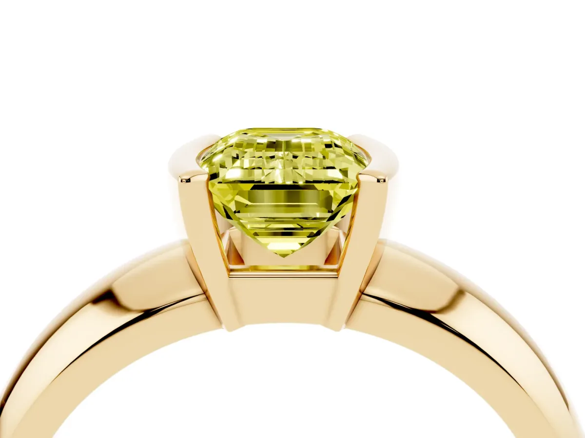 Fancy Yellow Emerald Cut Solitaire Tension Set Diamond Ring with Wide Band Yellow gold