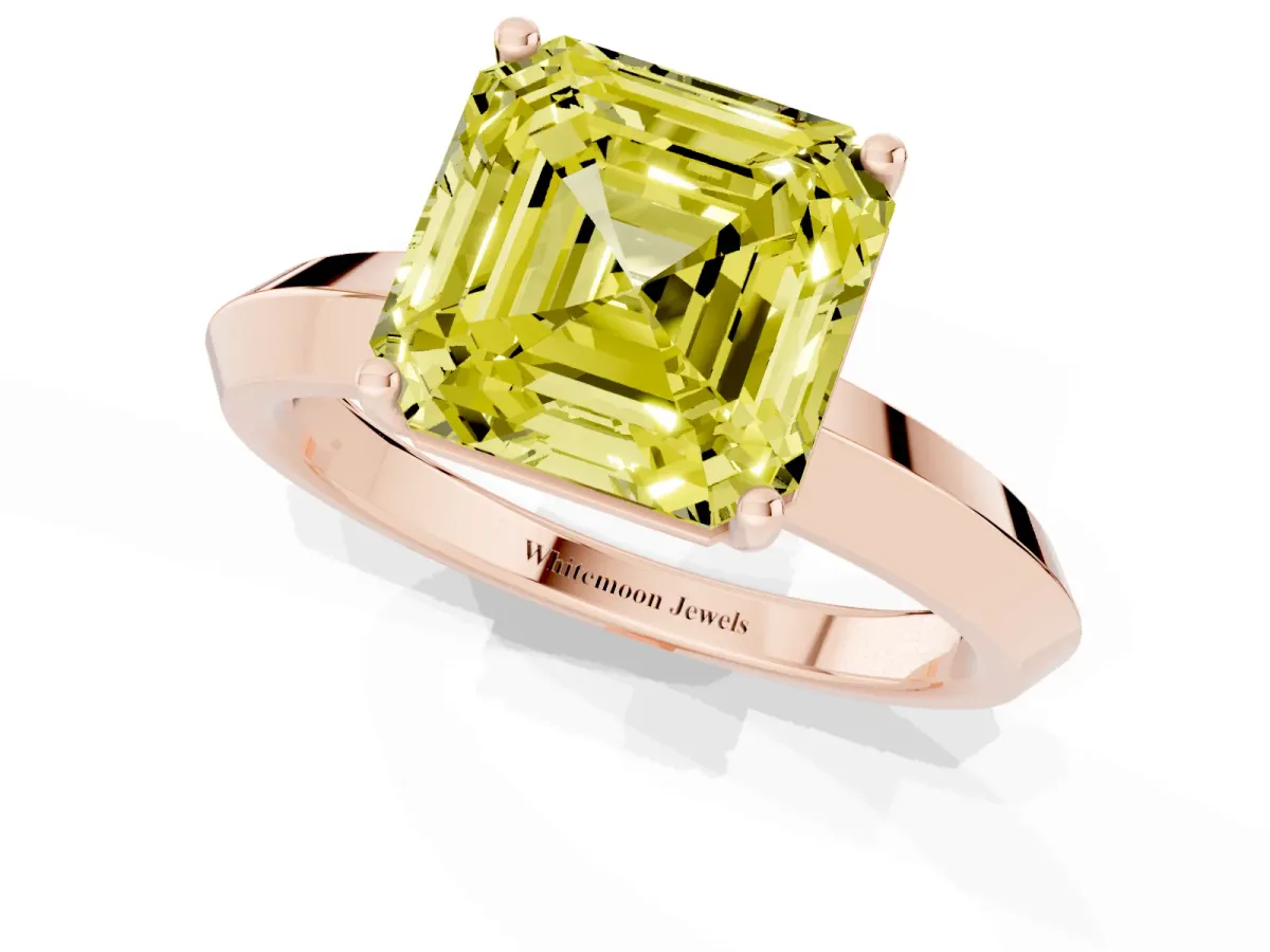 Fancy Yellow Asscher Cut Cut Solitaire Engagement Ring with Flat Band and Four-Prong Setting Rose gold