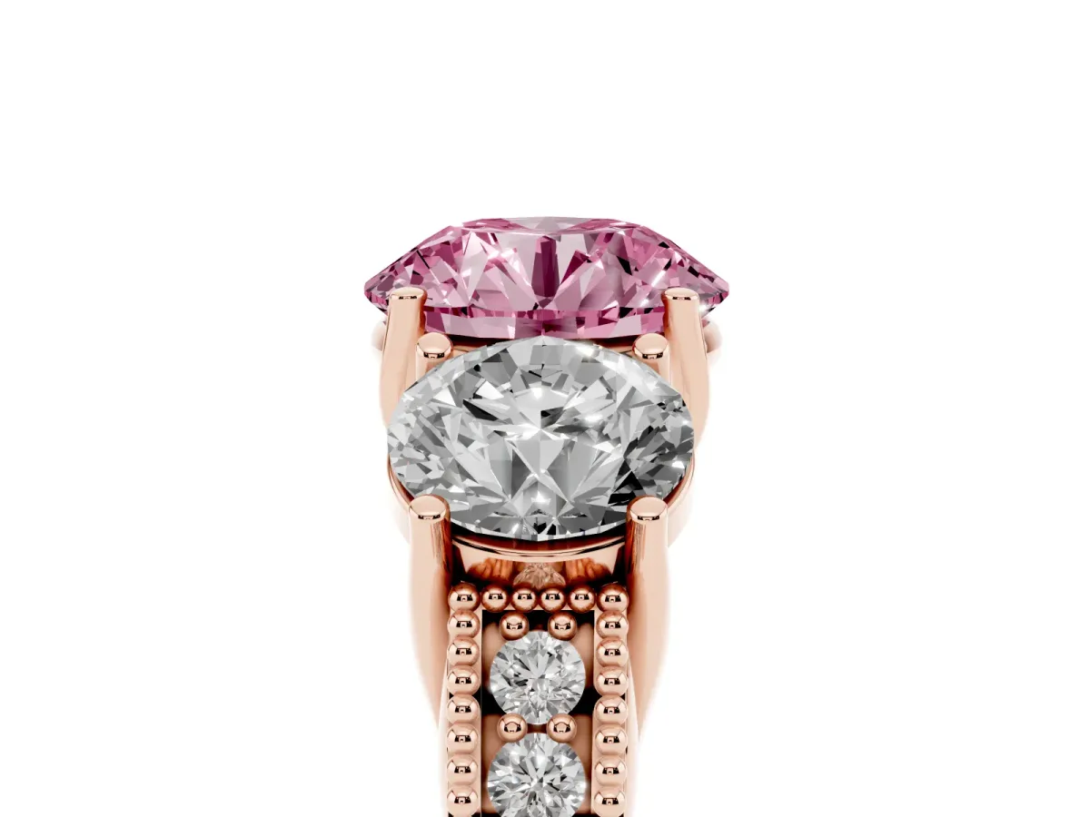 Fancy Pink Three-Stone Round Cut Cut Milgrain Pavé Engagement Ring Rose gold
