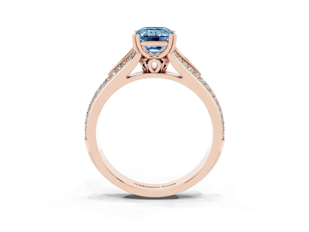 Fancy Blue Emerald Cut Diamond Split Shank Engagement Ring with Pavé Band Rose gold