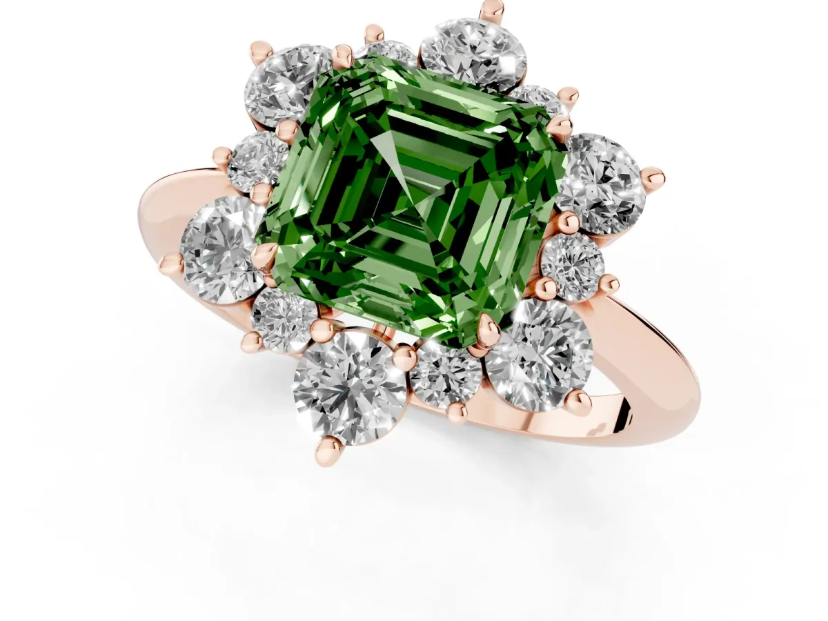 Fancy Green Asscher Cut Diamond Cluster Halo Ring with Solitaire Band and Four-Prong Setting Rose gold