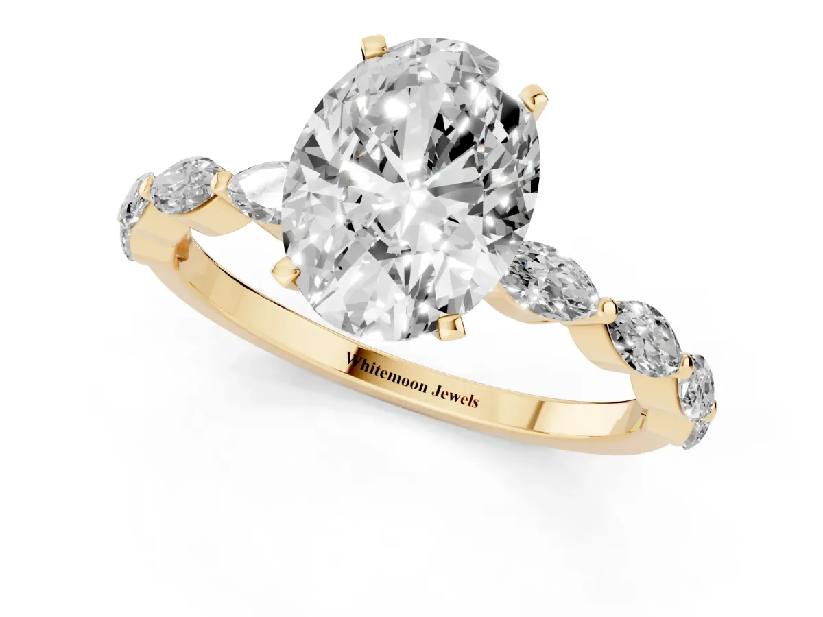 Oval Cut Diamond Ring with Marquise Side Stones and Prong Setting Yellow gold