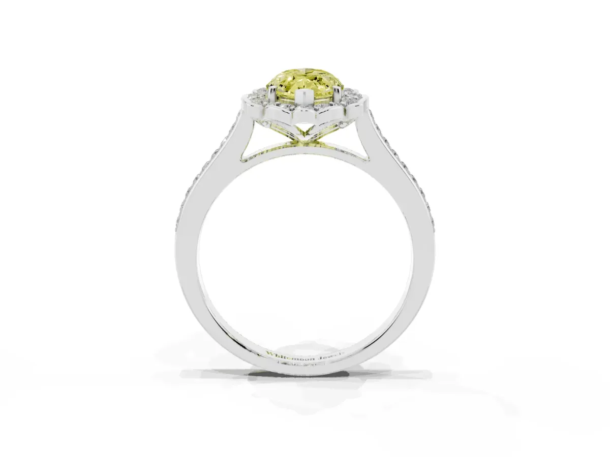 Fancy Yellow Marquise Cut Halo Round Diamond Pave Band with Four-Prong Setting Platinum