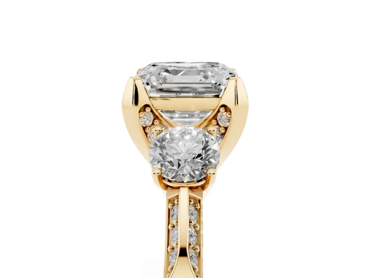 Asscher Cut Brilliant Three-Stone Diamond Ring with Pavé Band and Four-Prong Setting Yellow gold