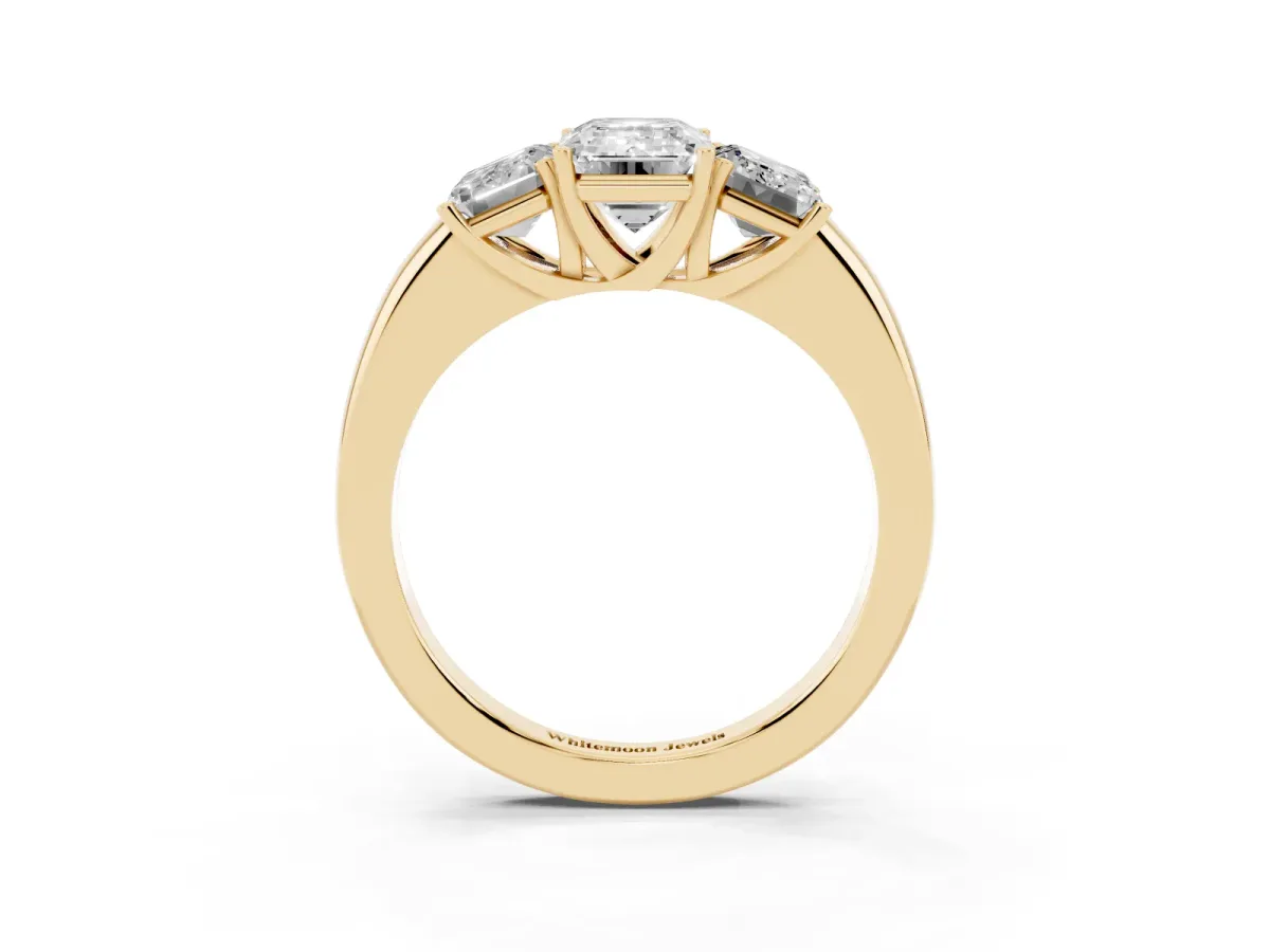 Emerald Cut Diamond Three-Stone Ring with Four-Prong Setting and Classic Band Yellow gold