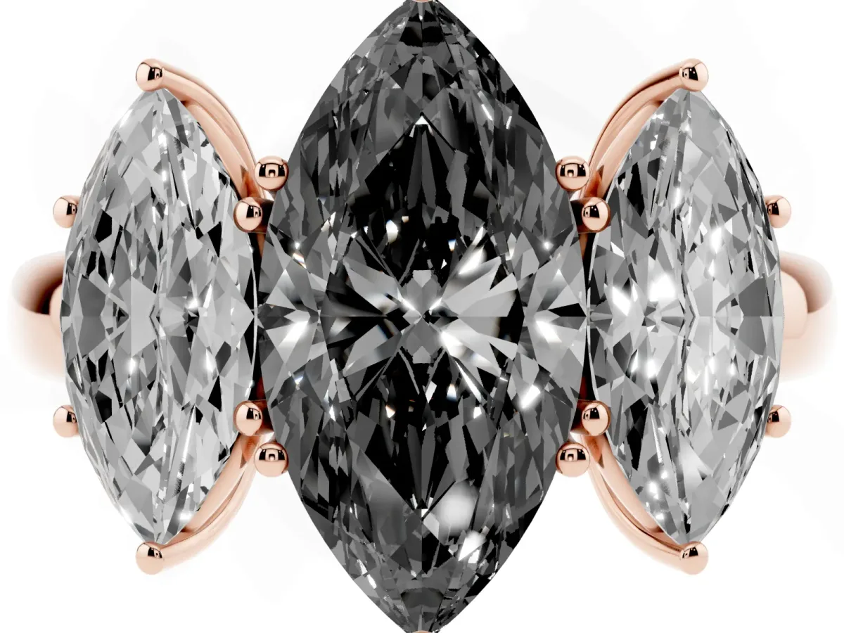 Fancy Black Marquise Cut Diamond Three-Stone Ring with Four-Prong Setting and Classic Band Rose gold