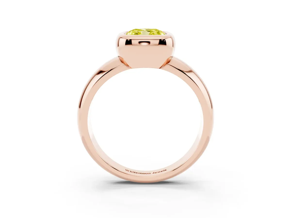 Fancy Yellow Bezel Set Cushion Cut Solitaire Ring with Wide Band Rose gold